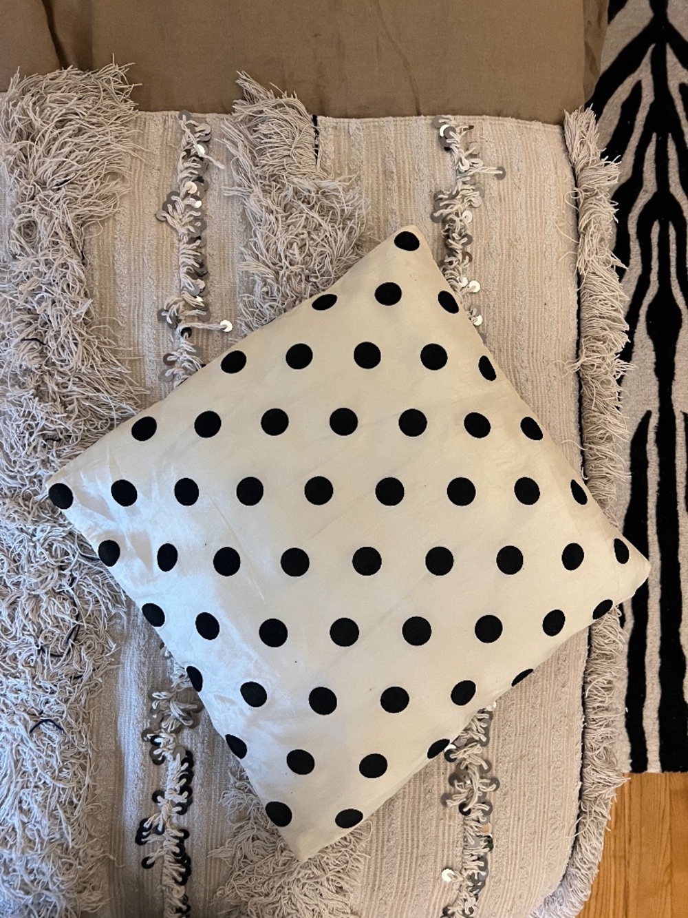 16X16 Inch Pillow, Polka Dot Print Cream and Black